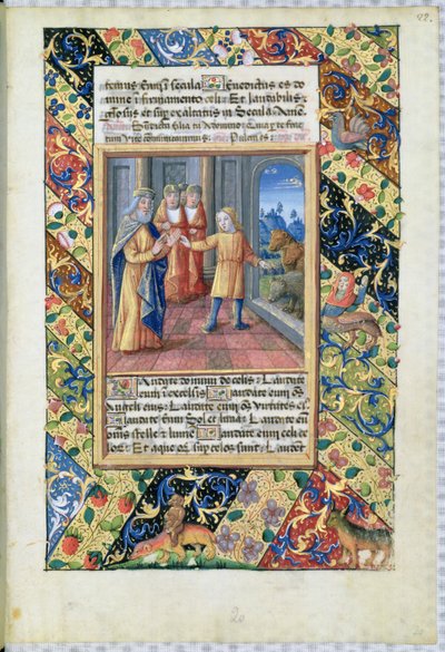 Fru Lat. QvI126 f.22 Josef tolker faraoens drømmer, fra «Louis d#39;Orleans#39; tidebok» av Jean Colombe