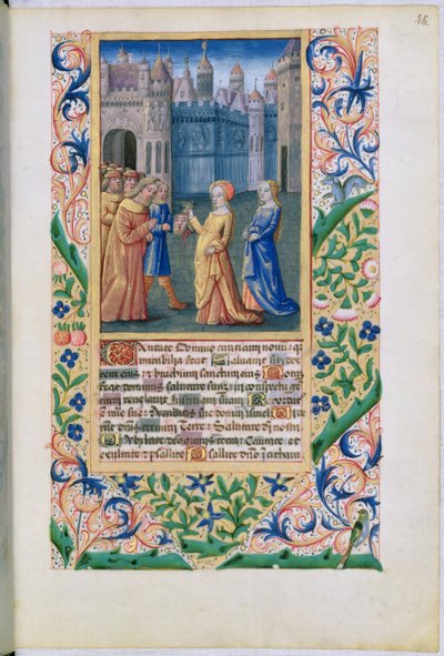 Fru Lat. QvI126 f.48 Judith vender tilbake til Betulia med Holofernes#39; avhuggede hode, fra «Louis d#39;Orleans#39; tidebok» av Jean Colombe