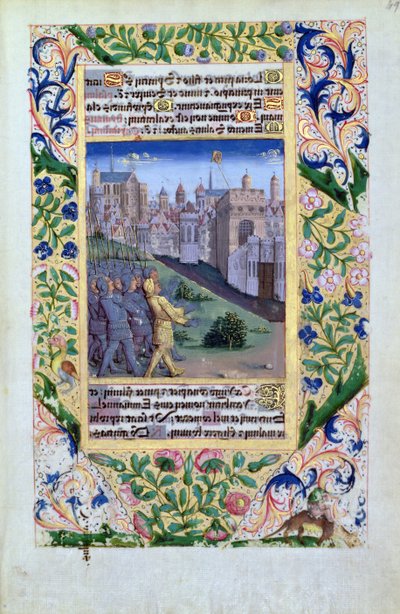 Ms Lat. QvI126 f.49v Assyriske tropper ser hodet til Holofernes på en pike, fra #39;Louis d#39;Orleans#39; timer#39; av Jean Colombe