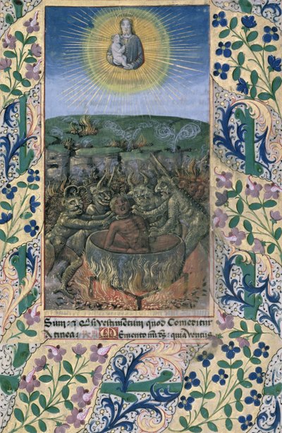 Fru Lat. QvI126 f.74 Helvetes pinsler, fra «Louis d#39;Orleans#39; tidebok» av Jean Colombe