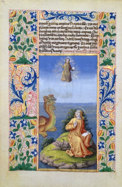 Ms Lat. Q.v.I.126 f.96v St. John the Evangelist på øya Patmos, fra Book of Hours of Louis dOrleans, 1469 av Jean Colombe