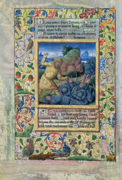 Ms. Lat. QvI126 fol.31v Goliat dreper israelittiske soldater, fra #39;Louis d#39;Orleans#39; timer av Jean Colombe