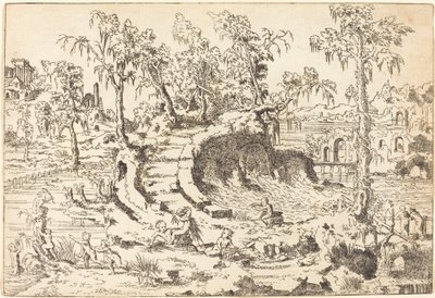 Putti leker i et fantasifullt landskap av Jean Cousin the Younger