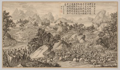 Slaget ved Heshi Kuluke: fra Battle Scenes of the Quelling of Rebellions..., ca. 1765-1774, diktdato av Jean Damascene Sallusti