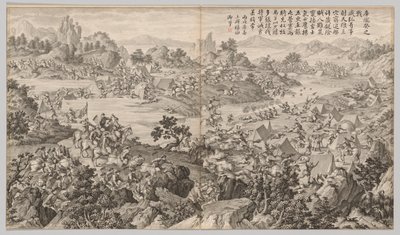 Slaget ved Kulongkui: fra Battle Scenes of the Quelling of Rebellions in the Western Regions, med keiserlige dikt av Jean Damascene Sallusti