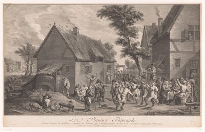 Dansende mennesker foran et vertshus Les Plaisirs Flamands av Jean Daullé