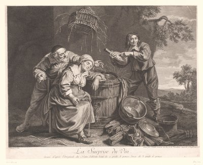 Kvinne sover ved en tønne med vinglass i hånden La Surprise du Vin. (tittel på objekt) Trykk etter Le Nain (serietittel) av Jean Daullé