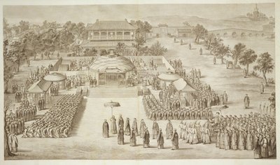Keiseren Qianlong mottar hyllingen av de erobrede eleuthene (Tartar Kalmucks) plate 2 fra en serie trykk som representerer erobringene av keiseren av Kina, gravert av Jacques Philippe Le av Jean Denis Attiret