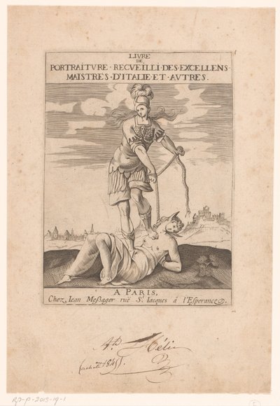 Minerva binder Stupidity med et tau Tittelside for: s.n., Livre de portraiture receuilli des excellens maistres d