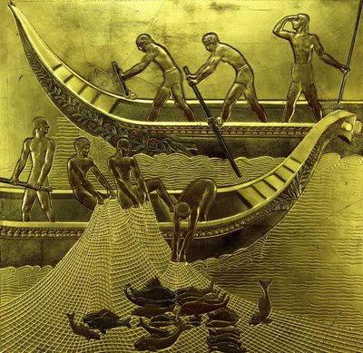 Et lakkert panel som viser fiskere som trekker garnene sine av Jean Dunand