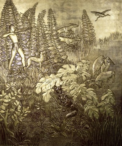 Jakten; La Chasse, ca. 1934 (forgylt og lakkert tre) av Jean Dunand