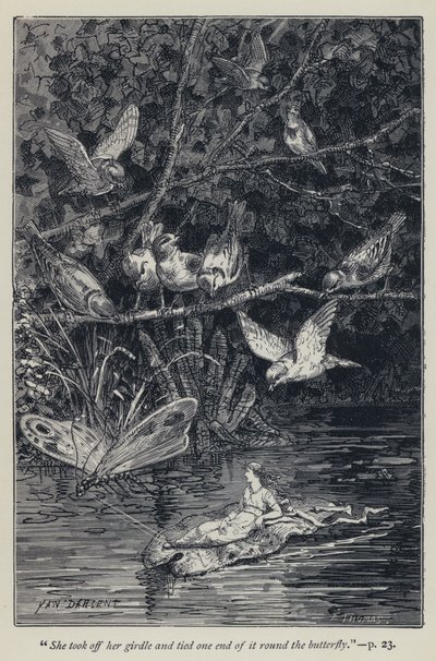 "Hun tok av seg beltet og bandt den ene enden av det rundt sommerfuglen" (gravering) av Jean Edouard Dargent