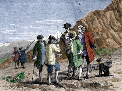 Florin Perier måler høydebarometeret (kvikksølvrør) til Evangelista Torricelli eller Toricelli under eksperimentet på tyngdekraften til luften til Blaise Pascal, på toppen av Puy de Dome (1648). Gravering av Yan Dargent. av Jean Edouard Dargent