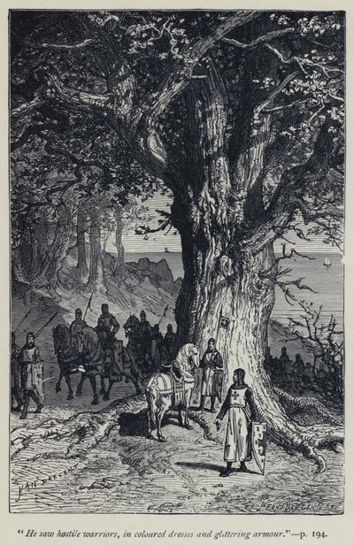 "Han så fiendtlige krigere, i fargede kjoler og glitrende rustning" (gravering) av Jean Edouard Dargent