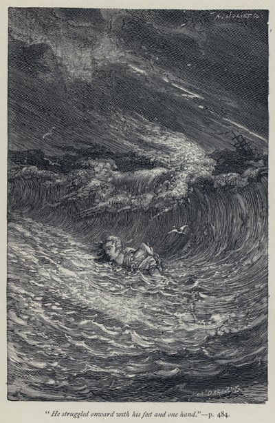 "Han slet seg videre med føttene og den ene hånden" (gravering) av Jean Edouard Dargent