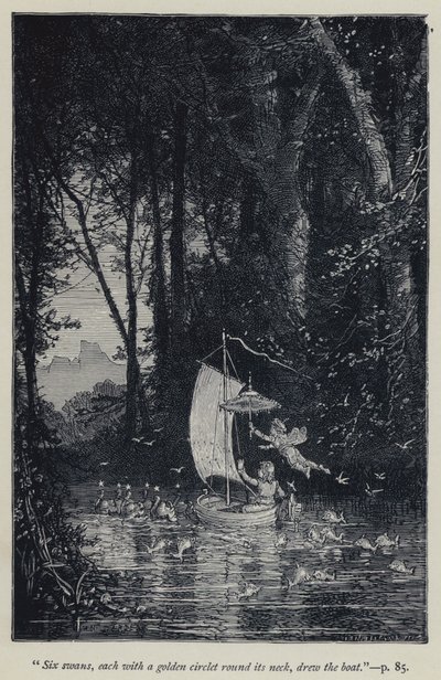 "Seks svaner, hver med en gylden sirkel rundt halsen, tegnet båten" (gravering) av Jean Edouard Dargent