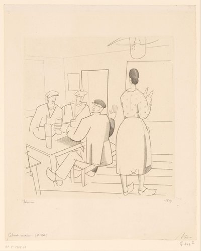 Kaféinteriør med kunder og servitør Cabaret vendéen (tittel på objekt) av Jean Emile Laboureur (signed by artist)
