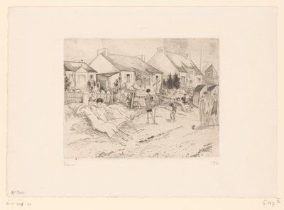 Tennisspillere hviler på stranden La petite plage (tittel på objekt) av Jean Emile Laboureur (signed by artist)