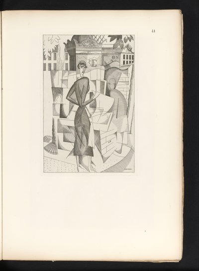 Mann og kvinne ved en aviskiosk Le kiosque a journaux (original tittel) av Jean Emile Laboureur