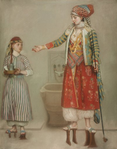 Eine Dame in türkischer Tracht mit ihrer Dienerin im Hammam von Jean Étienne Liotard