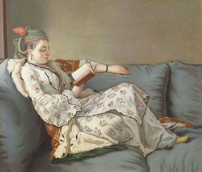 La Sultane Lisant", En dame i tyrkisk kostyme som leser på en divan, av Jean Étienne Liotard