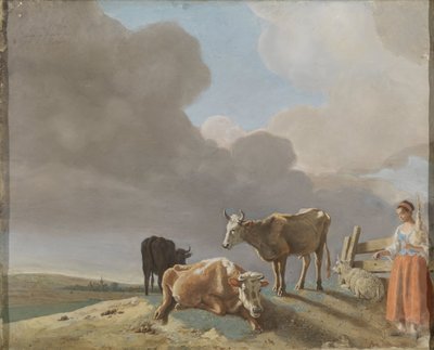 Landskap med kyr, sauer og gjeterinne, modifisert kopi etter et maleri av Paulus Potter, gjeterinnen kopiert fra et maleri av Karel Dujardin (rekto); uferdig portrett av en mann (verso) av Jean Étienne Liotard