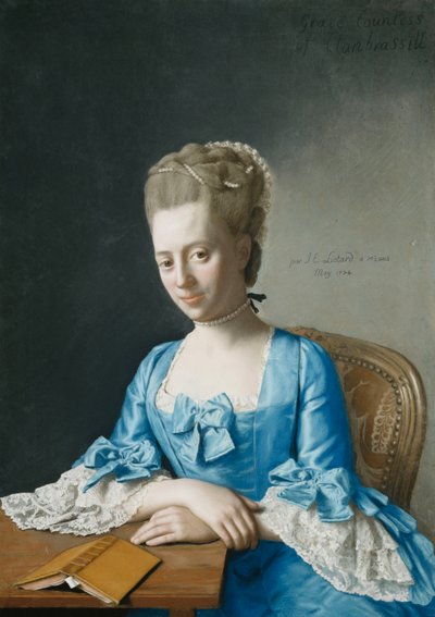 Portrait of Grace, grevinne av Clanbrassil, nee Foley, halv lengde, i en blå kjole, sittende ved et bord, hendene i kors, 1774 av Jean Étienne Liotard