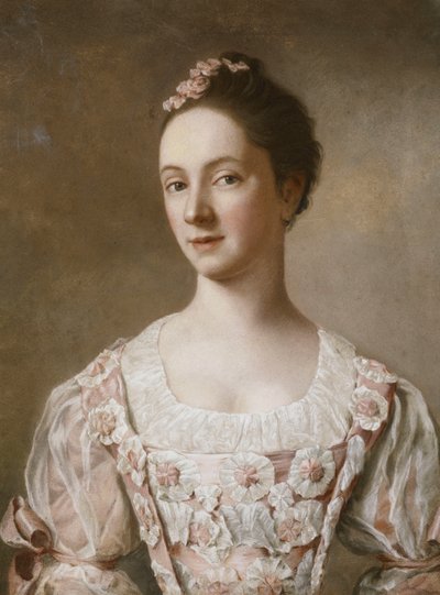 Porträt einer Dame, Halbfigur, in einem rosa-weißen Kleid von Jean Étienne Liotard