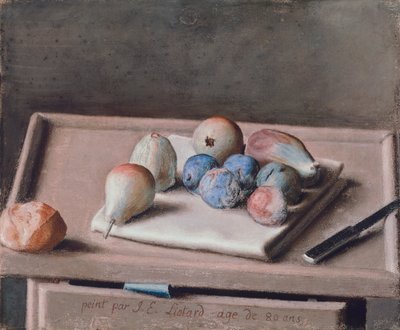 Stilleben med pærer, fiken, svisker, rundstykke og kniv på bordet av Jean Étienne Liotard