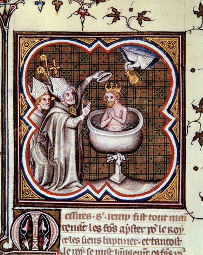 Bapteme of Clovis (466-511) av Saint Remy (Saint Remi) til Reims i 496: Den Hellige Ånd bringer den hellige pæren som inneholder den hellige kermen som brukes til salvelse av konger. Miniatyr i "" grandes chronicles de france" av Jean Fouquet (1420-1481) av Jean Fouquet
