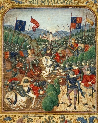 Slaget ved Azincourt (1415). Under hundreårskrigen beseiret Henry V av England det franske Armagnacs-partiet - i "Grandes Chronicles de France" av Jean Fouquet, rundt 1467 - 1476). Victoria & Albert bibliotek av Jean Fouquet