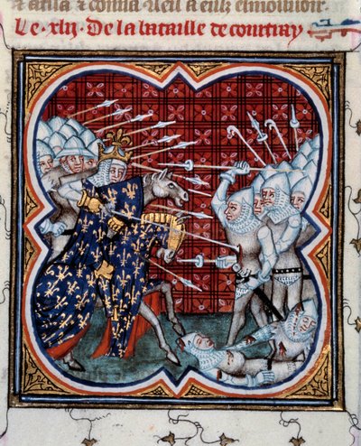Slaget ved Kortrijk mellom Filip IV the Bel (1268-1314) og det flamske såkalte slaget ved Golden Spurs 11/07/1302 Miniatyr hentet fra "" Les grandes chronicles de France"" av Jean Fouquet (1420-1481) 1400-tallet . Paris, B.N. av Jean Fouquet
