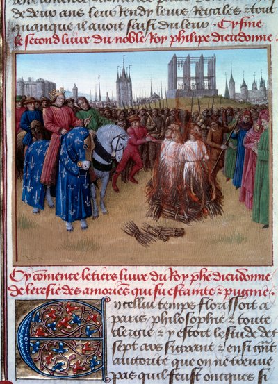 Fordømmelse og tortur av amaurikerne (tilhengere av Amaury de Chartres, fransk filosof og teolog fra 1100-tallet) i nærvær av Filip II kjent som Philip Auguste (1165-1223). Manuskript "" Grandes Chronicles de France "" (Folio 236 av Jean Fouquet