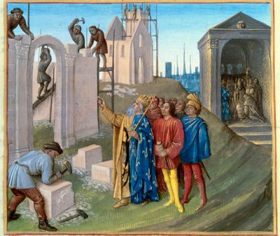 Bygging av palasset i Aachen (796-805) av Charlemagne (742-814) som fører tilsyn med byggeplassen. Til høyre blir pukkelryggen Pepin (770-811) en munk. Miniatyr fra "" Les Grandes Chronicles de France"" belyst av Jean Fouquet (1420-1) av Jean Fouquet