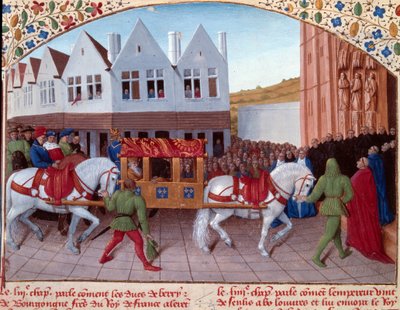 Inngang til Charles IV (1316-1378) tysk keiser i 1378 i Saint-Denis. Miniatyr fra "" Grandes Chronicles de France"" (Folio 442). Enlumine av Jean Fouquet (1400-tallet) av Jean Fouquet