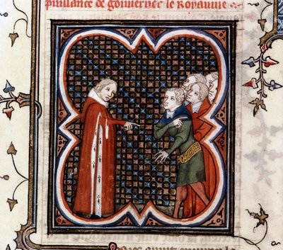 Etienne Marcel, en prevot av kjøpmennene i Paris, bedt av kong Johannes II den gode (1319-1364) av Frankrike om å respektere "Grande Ordonance" fra 1357 og bebreidet for hans oppførsel, i "The Great Chronicles of France" av Jean Fouquet (1420-1481), ca. 14 av Jean Fouquet