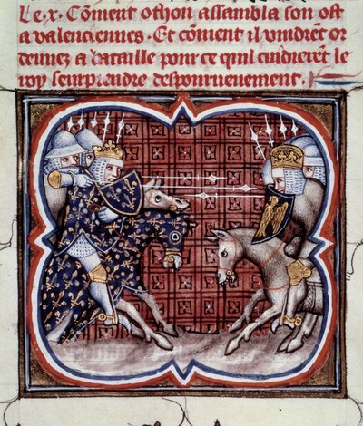 Fransk-engelsk krig (1202-1214): slaget ved Bouvines 27.07.1214 mellom den franske hæren til Philippe Auguste og flamske og velver fra Othon IV. Den franske seieren var avgjørende for krigens utfall. Miniatyr fra "Great Chronicles of France" b av Jean Fouquet