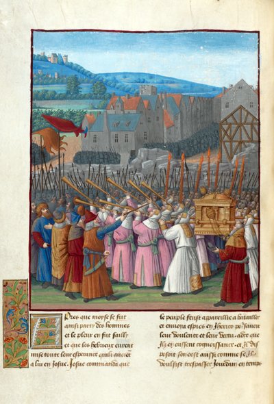Josva og Jerikos fall. Illustrasjon i Flavius Josephus ""Jødenes antikviteter"" (Antiquitatum Iudaicarum) av Fouquet, Jean (1420-1481). Gouache på pergament, sent på 1400-tallet, Bibliotheque Nationale de France av Jean Fouquet
