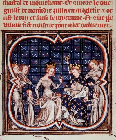 Konge av Frankrike Filip I (1052-1108) med sin kone Berthe av Hollande og deres barn Constance av Frankrike (1078-1125) og Louis VI (1081-1137) Miniatyr fra "" Les grandes chronicles de France"" (ms. fr) 2813 fol. 182) 1375-1380 Paris, B.N. av Jean Fouquet