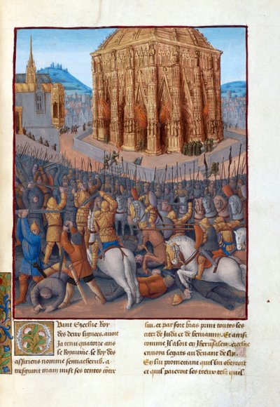 Le siege de Jerusalem par le roi de Babylone Nebuchadnezzar II (604-562 før JC) - Beleiring av Jerusalem av Nebukadnesar II. Illustrasjon i Flavius ​​​​Josephus "Antiquities of the Jews" (Antiquitatum Judaicarum) av Fouquet, Jean (1420-1481). Gouache på pa av Jean Fouquet