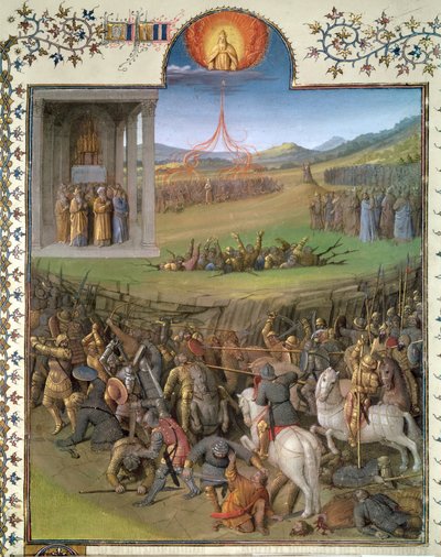 Fr 247 f.70 Hebreernes kamp mot kanaanittene og tuktelsen av Korah og opprørerne, illustrasjon fra 'Antiquites Judaiques', ca. 1470 av Jean Fouquet