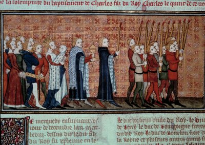 Prosesjon i anledning dåpen til Karl VI (1368-1422) båret av dronning Jeanne d