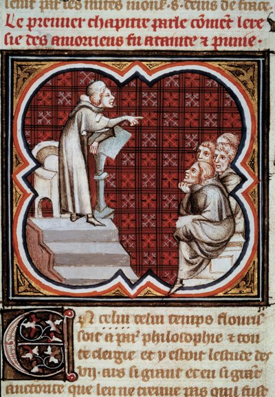 Den franske filosofen og teologen Amaury de Chartres (eller Amaury de Bene eller Amalricus de Bene) (død 1209) foran sine disipler (amaurikerne). Miniatyr fra Les Grandes Chronicles de France”” belyst av Jean Fouquet (1420-1481) av Jean Fouquet