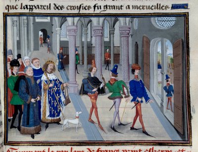 The King Saint Louis (Louis IX (1214-1270) appreting to leave overseas"" Miniatyr fra "Les Grandes Chronicles"" av Jean Fouquet (1420-1481), Paris, Library of the Arsenal av Jean Fouquet