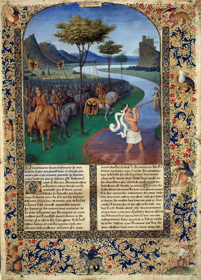 The Passage of Rubicon av Jules Cesar Den romerske generalen Jules Cesar krysset Rubicon den 11/01/49 f.Kr. som utgjør skillet mellom Cisalpine Gallia og Italia. Miniatyr fra "" Ancient History til Cesar and Facts of the Romans"" av Jean Fouquet ( av Jean Fouquet