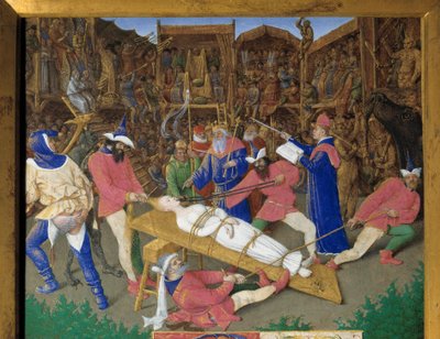 De helliges stemmer. Martyrium av Saint Apolline (eller Apollonia) Den kristne Saint Apolline av Alexandria ble torturert av Paians i 249 e.Kr. Bødlene trekker i håret og knekker tennene hans. Emperor Dece er en tilskuer. Detalj av en miniatyr tatt av Jean Fouquet