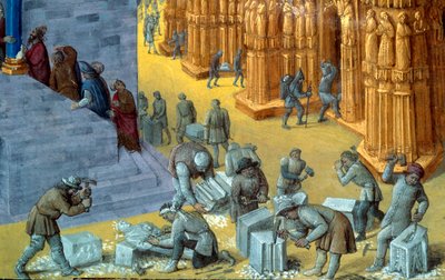 Byggingen av Jerusalem-tempelet av kong Salomo Detalj som representerer steinskjærerne. Miniatyr fra manuskriptet "The Judaic Antiquities"" av Josephus Flavius (Giuseppe Flavio, Flavius Josephe) (37-100) illustrert av Jean Fouquet (1425-1481) av Jean Fouquet