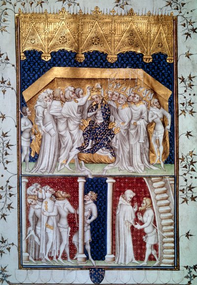 Kroningen av Charles VI (1368-1422) av jevnaldrende i Frankrike 16.09.1380. Miniatyr fra Grandes Chronicles de France”” av Jean Fouquet (1420-1481) 1400-tallets Paris, B.N. av Jean Fouquet