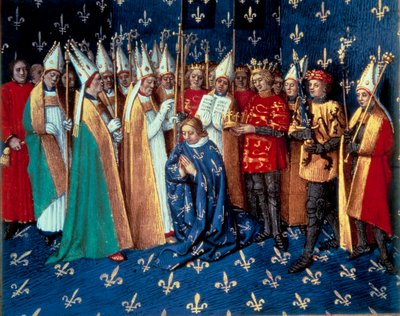 Kroningen av Philippe Auguste i Reims 1/11/1179. Miniatyr fra Chronicles of Saint Denis”” av Jean Fouquet (1420-1481) 1400-tallet. Paris, BN av Jean Fouquet
