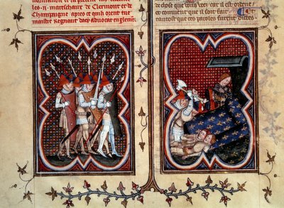 Marechauxen Robert de Clermont og Jean de Conflans ble myrdet av Etienne Marcel (1315-1358) og hans menn i rommet til delfinen Charles (fremtidige Charles V) ved Palais de la cite 22. februar av Jean Fouquet
